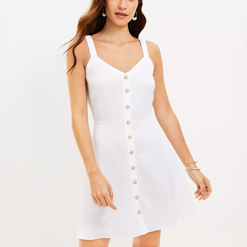 LOFT Strappy Linen Blend Button Down White Dress Sz 4